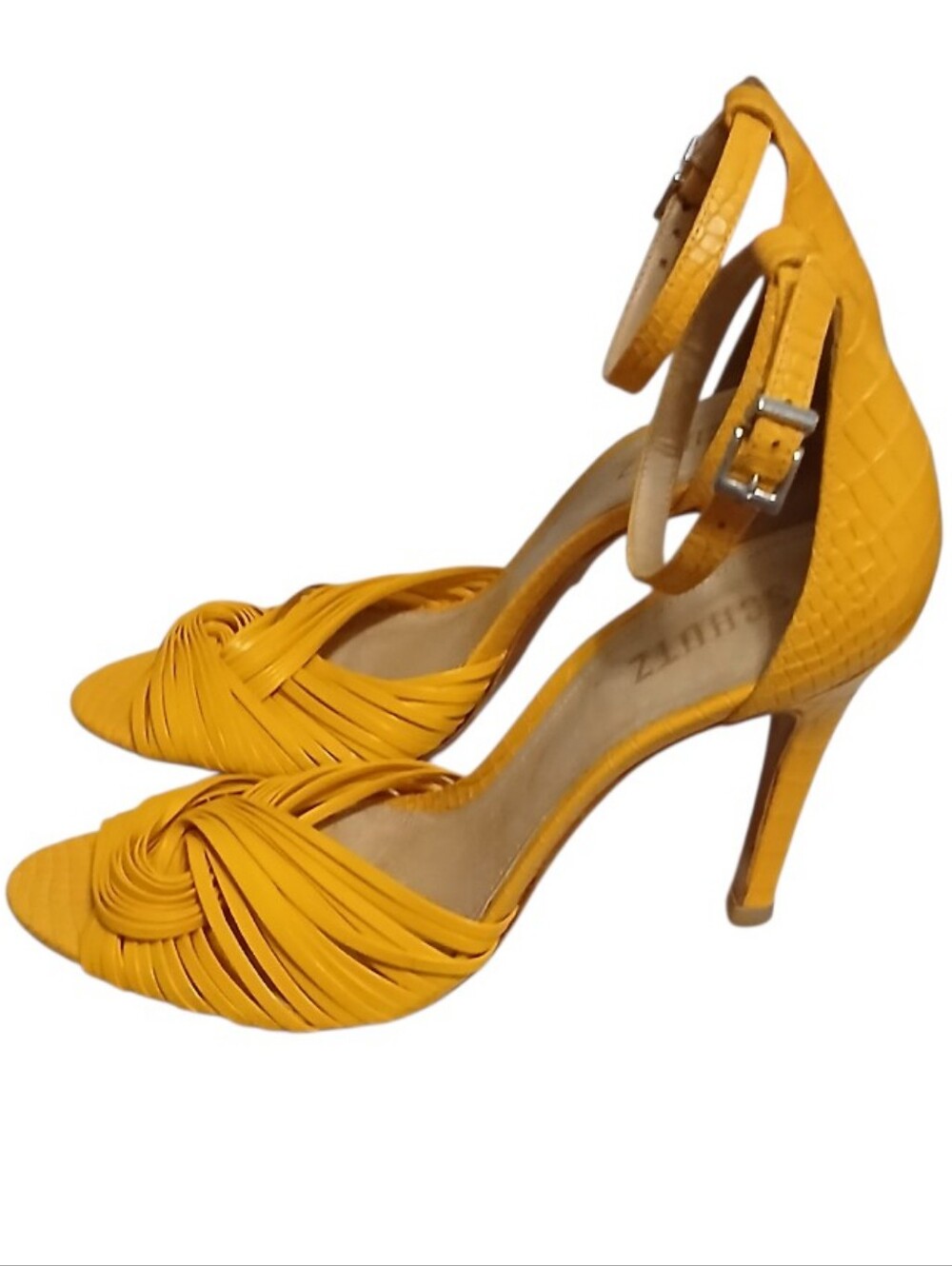 Schutz | Mary Gold Leather Croc Embossed Strappy Peeptoe Heeled Sandals Size 10 - Picture 5 of 13